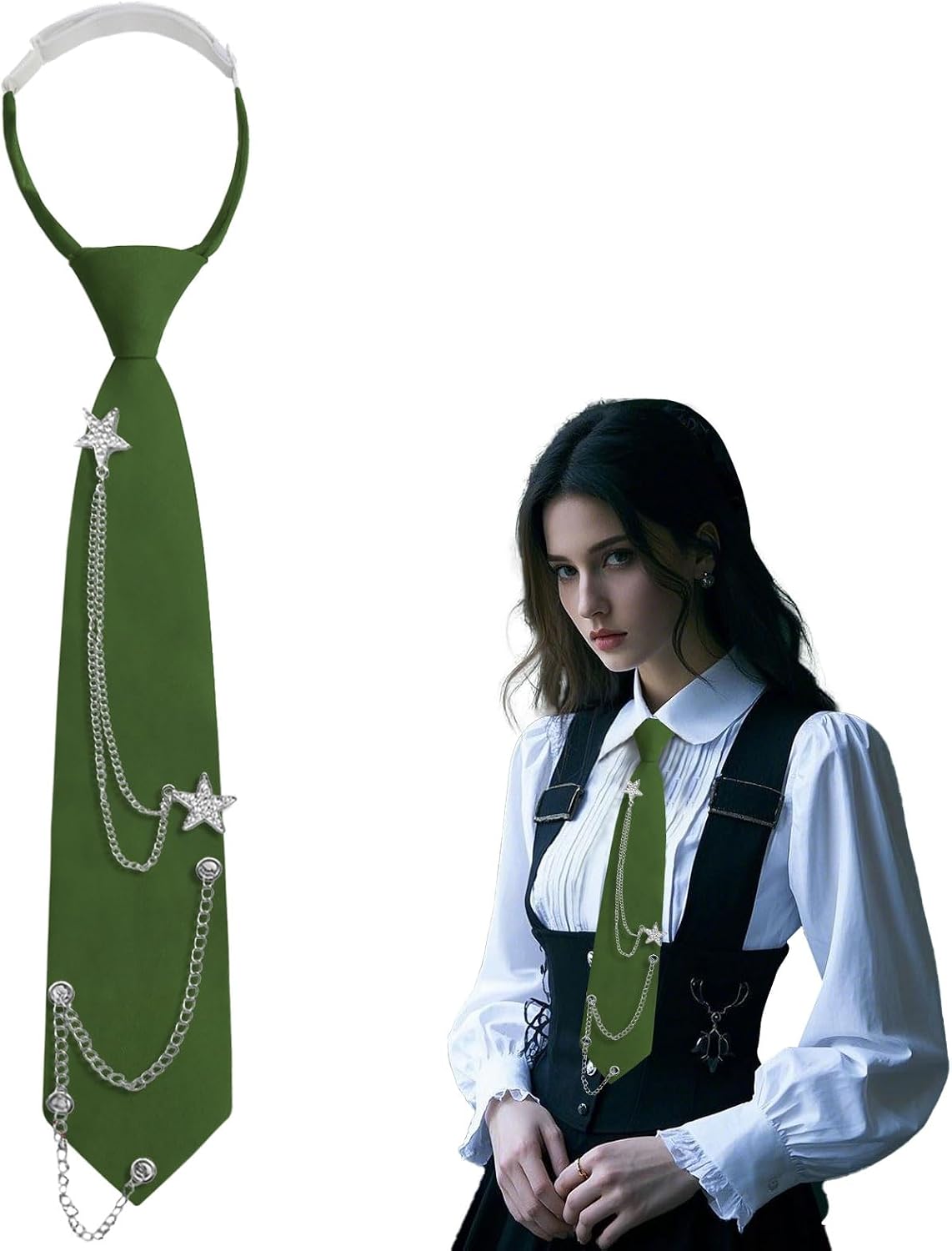 Womens Tie Adjustable Pre-tied Ties for Women Punk Rock Metal Chain Necktie for Women Uniform School Performance