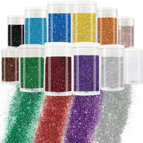 Matio Ultra Fine Glitter Powder,12 Colors Resin Glitter Set,2.11oz/60g Metallic Iridescent Glitter,1/128” Nail Sequins 5g/Jar for Crafts Tumbler Snowglobe Slime Scrapbook Jewelry Making,Body Nail Art