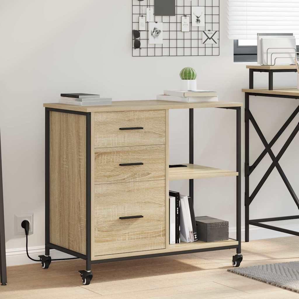 vidaXL Schrank mit Ladestation Mit Rad Sonoma-Eiche 76 x 41 x 72 cm, Moderner Büroschrank, rechteckig, mit Ladefunktion, Holz, praktische Lösungen fürs Arbeiten
