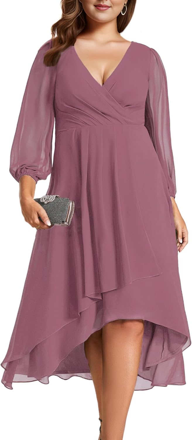 Ever-Pretty Women's A Line V Neck Chiffon Midi Plus Size Semi Formal Wedding Guest Dresses with Sleeves 01926-DA