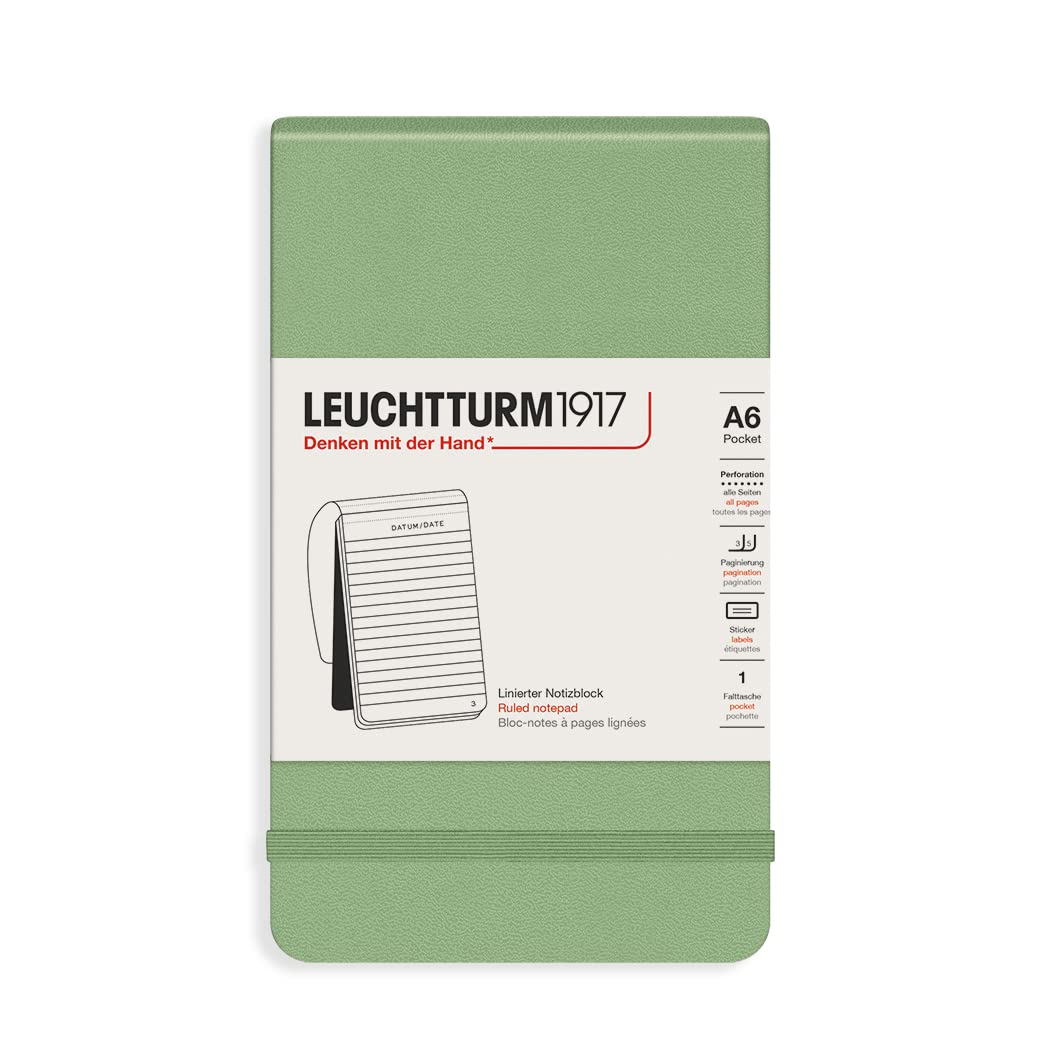 LEUCHTTURM1917 364428 Notepad Pocket (A6), Hardcover, 184 Numbered Pages, Sage, Ruled