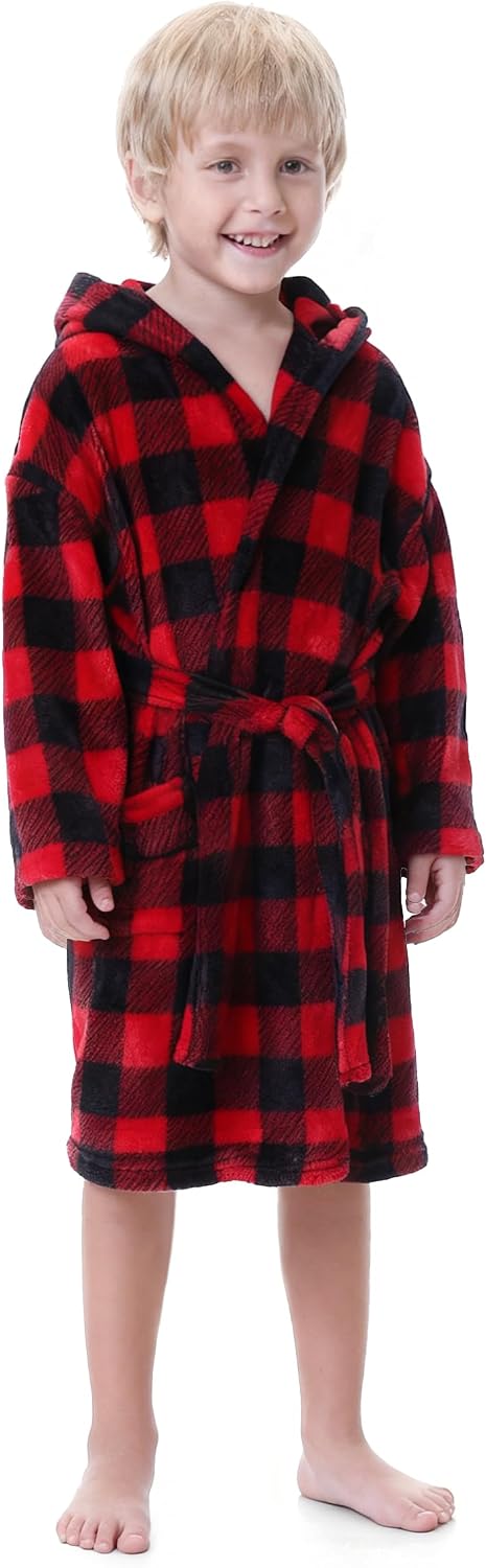 Umeyda Boys Girls Robes, Soft Fuzzy Fleece Hooded Bathrobes with Belt and Pockets for Kids, 1-18 Year