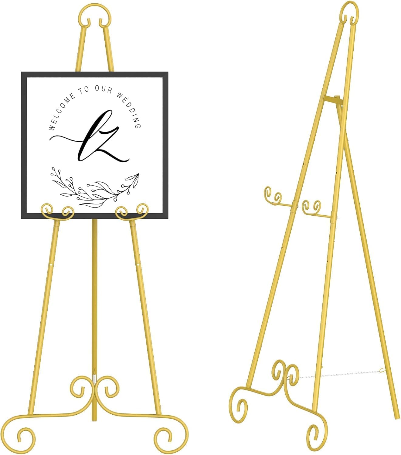 46" H Metal Round Tube Scroll Display Easel, Vintage Gold Decorative Large Adjustable Floor Standing Easel with Chain Support, Perfect for Showcasing Pictures, Artwork, Picture Frame Wedding Sign Etc