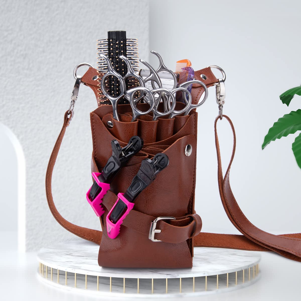 Riñonera para peluquería, Bolsa de herramientas de peluquería, funda para tijeras con correa ajustable para el hombro para peines, maquinillas de afeitar, tijeras, clips (LQ-YZ Marrón)
