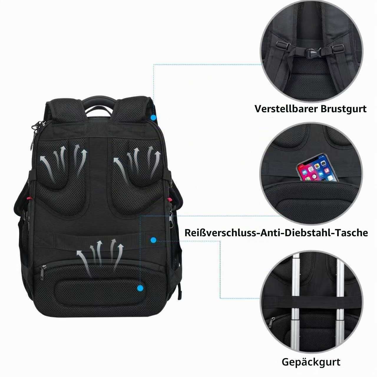 KROSER Laptop Rucksack Herren 17,3 Zoll Reise XL BusinessRucksack Schwerlast Wasserdicht mit Hartgeschältem Sicherheitsraum Ladeanschluss RFID Tasche für Männer/Frauen-Schwarz Grau