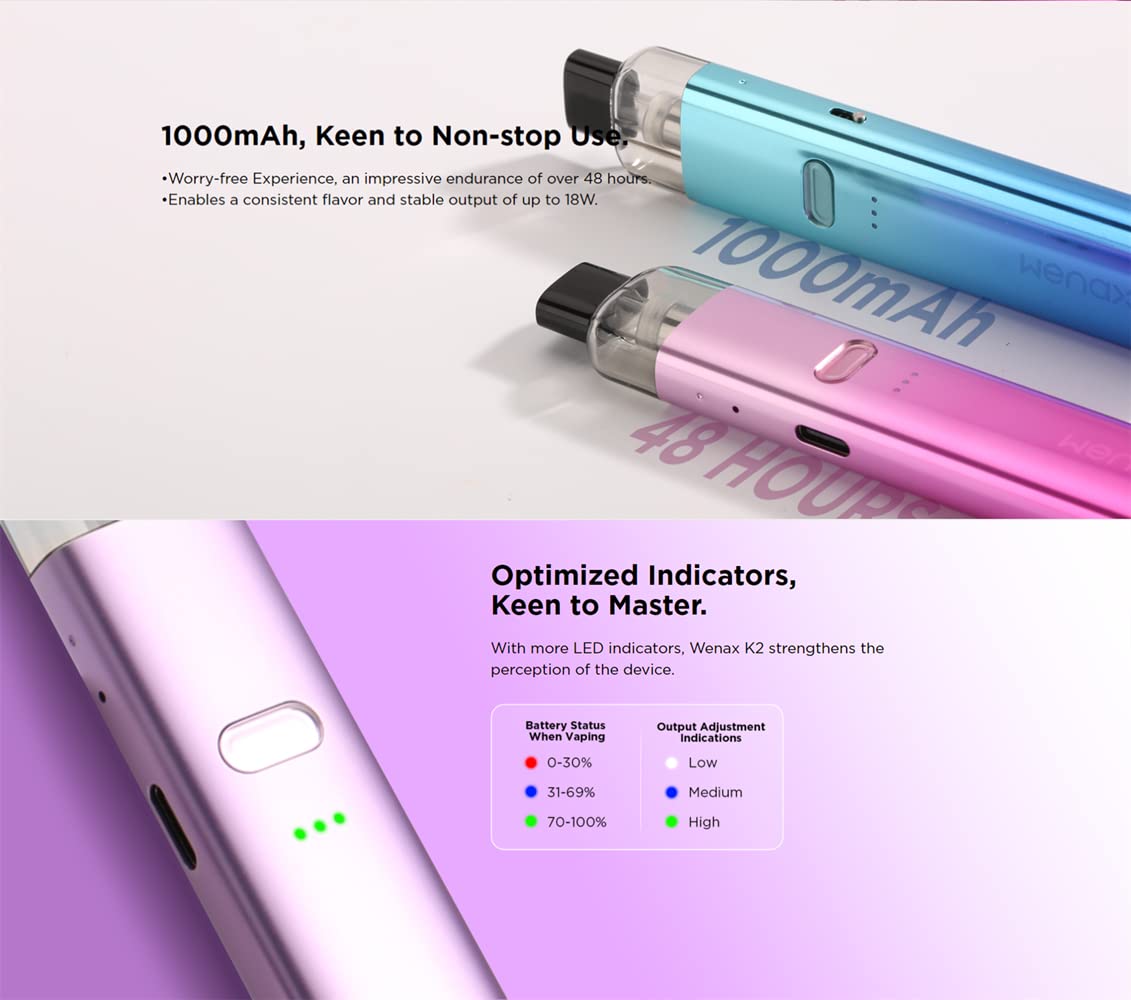 Geek///Vape Wenax K2 Pod Kit - 18W Vape Wenax K2 Batera incorporada de  1000 mAh - con cartucho vaco de 2 ml Flujo de aire preciso Sin nicotina :  Amazon.es: Electrnica