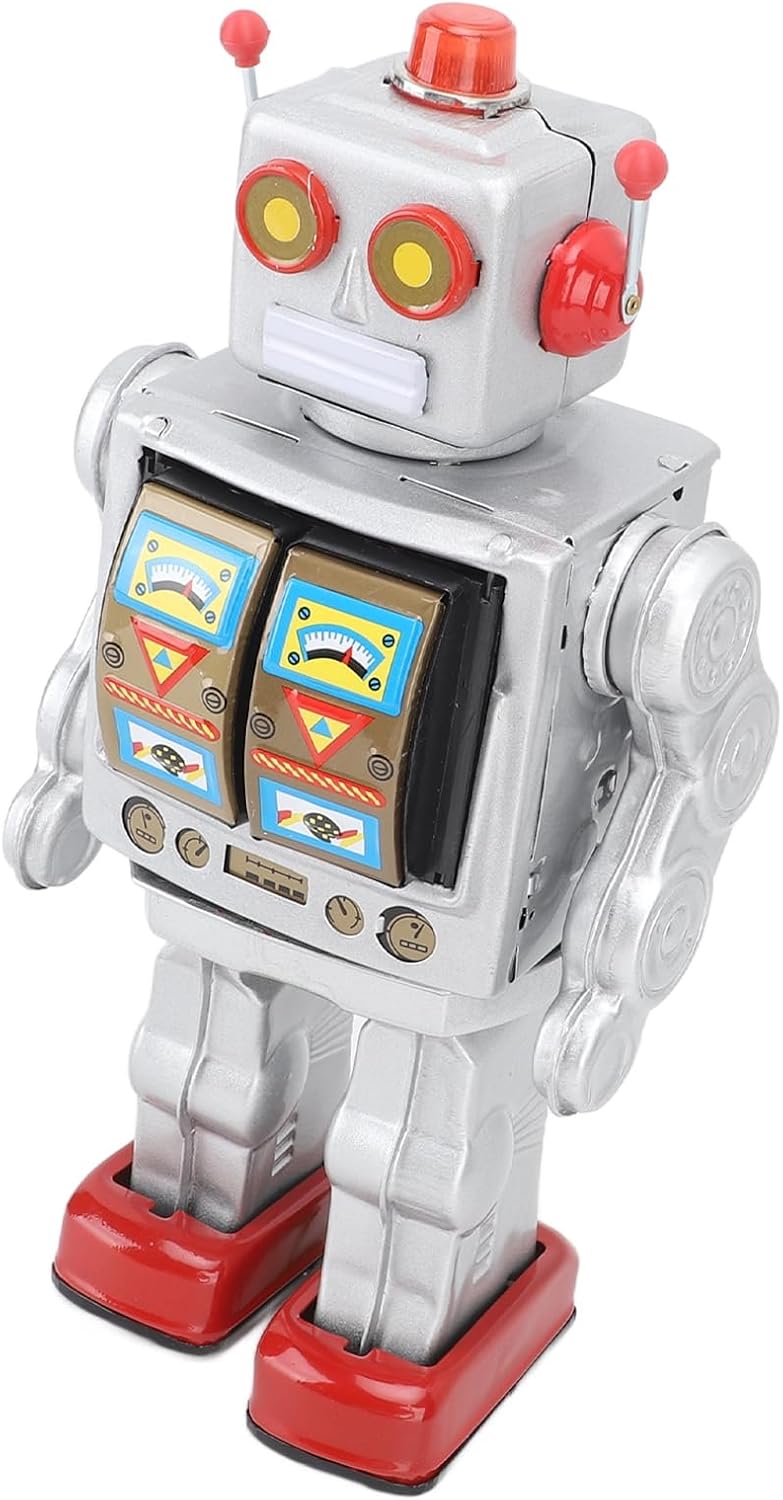 Vintage Metal Tin Robot, Retro Rotating Electric Toy with Walking and Gun Fire Sound, for Collector Gift Birthday Party Christmas Halloween (Silver) image 2