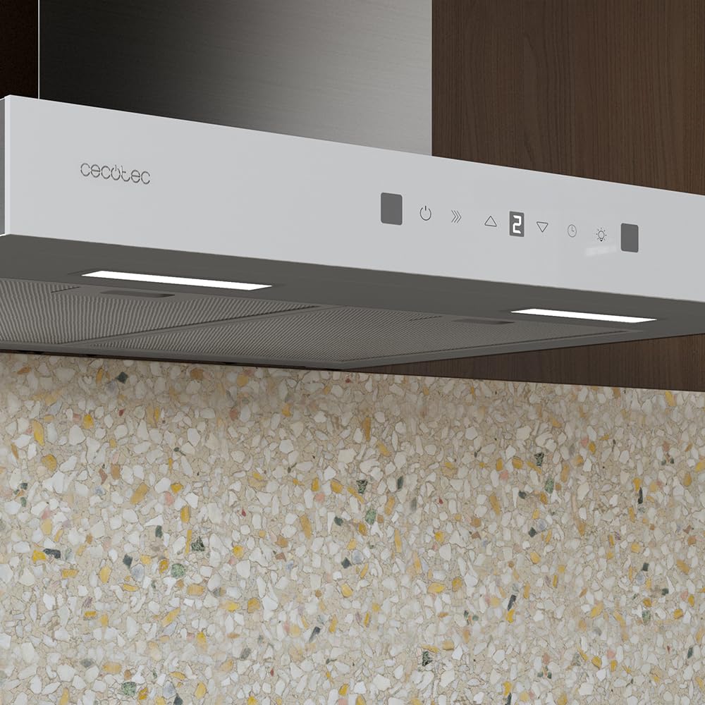 Cecotec Dunstabzugshaube 60 cm Flux TT 605500 Glas Weiß A++. 70W, Front aus weißem Glas, Niedriger Verbrauch, Absaugleistung 550m3/h, Touch-Steuerung, 3 Stufen, LED-Licht, Aktivkohlefilter