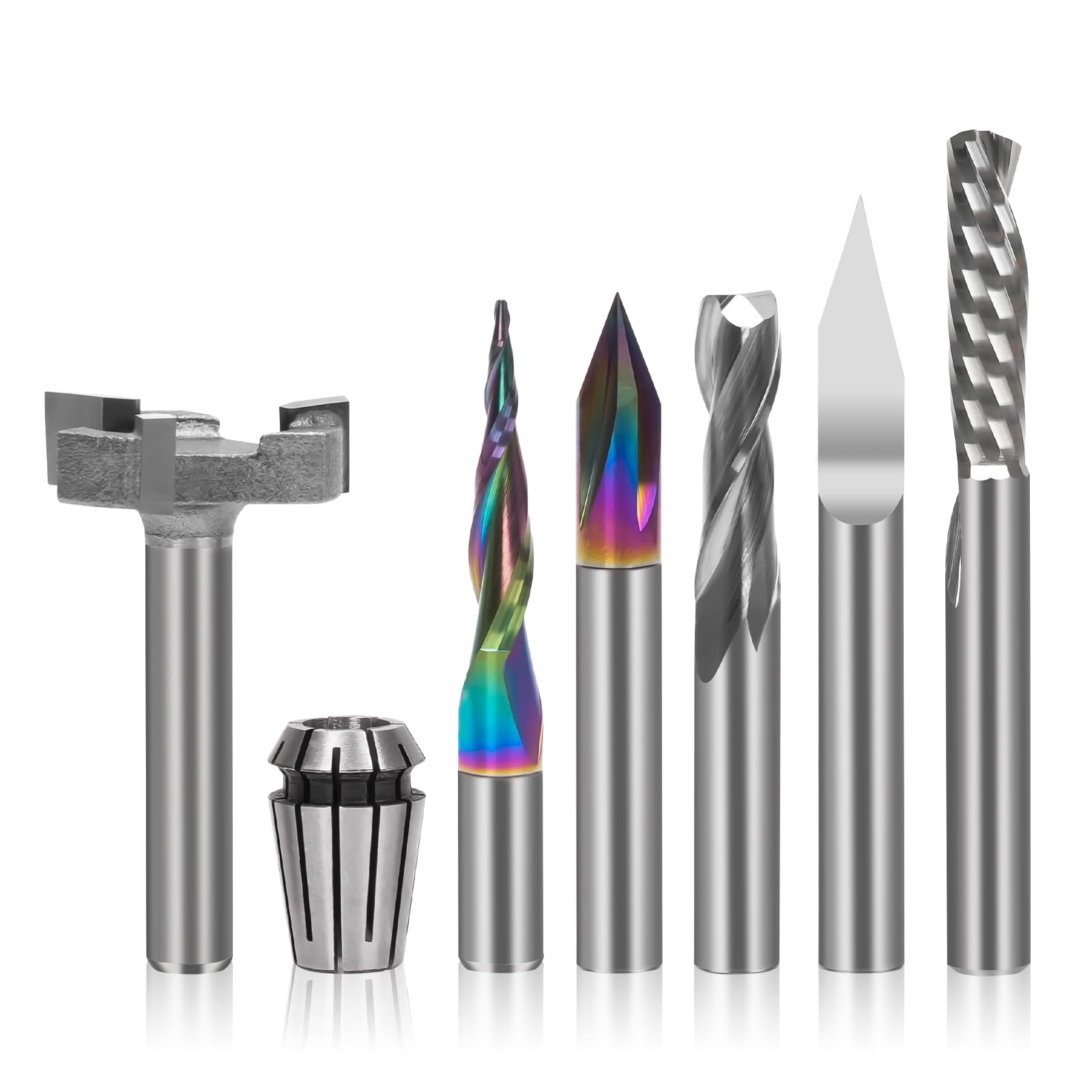 LUNYEE El kit esencial de brocas CNC de vástago de 1/4 pulgadas incluye pinza ER11 de alta precisión de 1/4 pulgadas, broca en V, fresas finales, broca biselada para carpintería