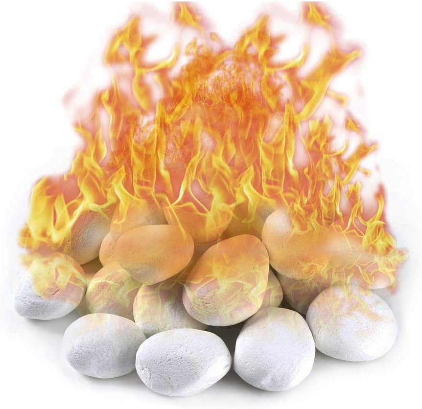 White Gas Logs (24pcs) Ceramic Pebbles for Firepits，for All Types of Indoor, Gas Inserts, Ventless & Vent Free, Electric, or Outdoor Fireplaces & Fire Pits. Realistic Clean Burning