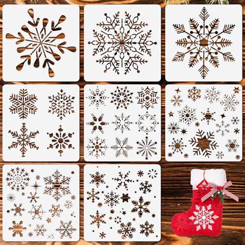 8 Pcs Christmas Snowflake Stencil Template Reusable Plastic Drawing Painting Stencil Winter Holiday Templates Stencils for Window Glass Wall Door Card Scrapbook Notebook Holiday Xmas Snow Flake
