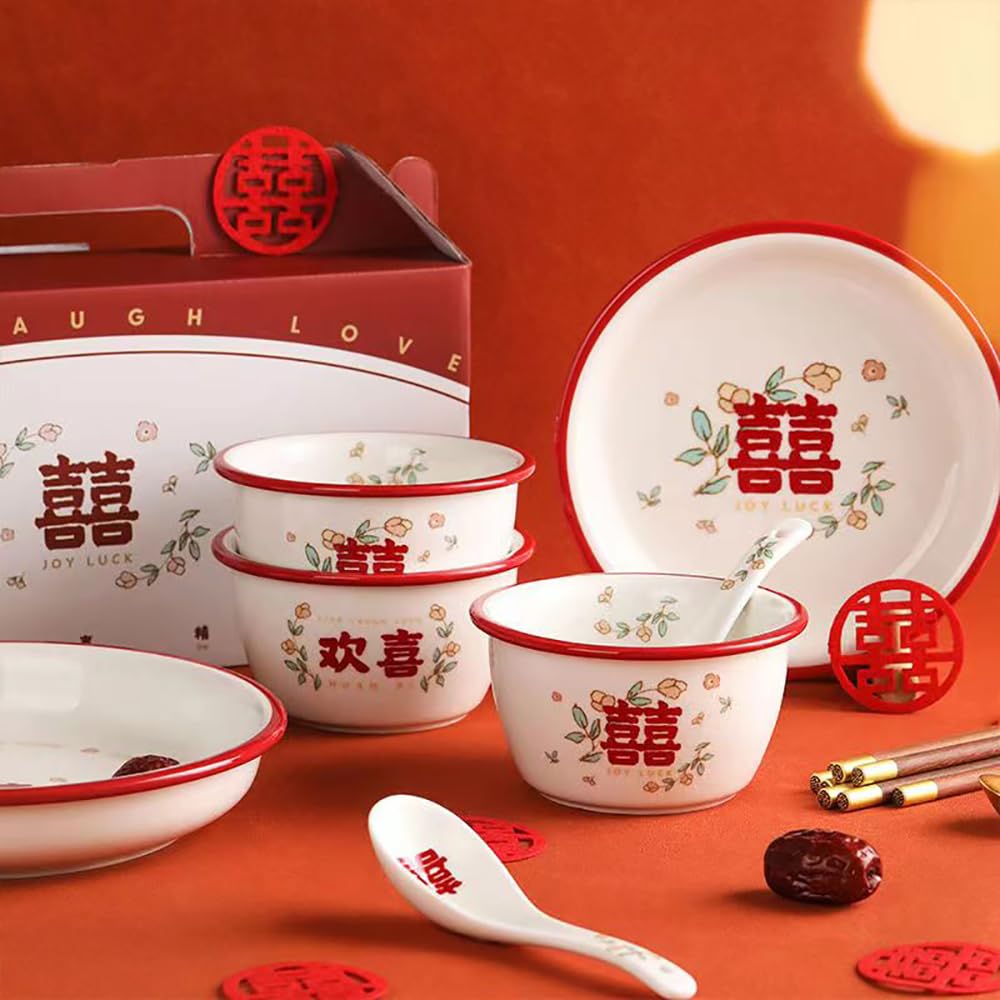 Juego de 10 piezas de vajilla de cerámica para boda, ceremonia de inauguración de la casa, vajilla de cerámica china, cuencos, palillos, cucharas, platos con paquete de regalo
