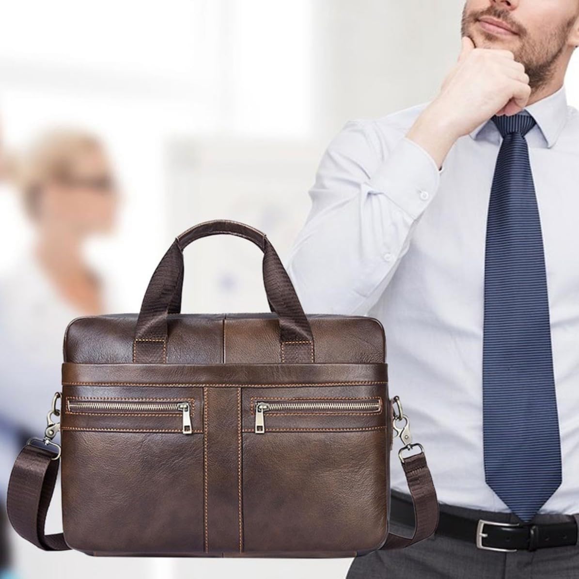 Briefcase Shoulder Bag Leather Large Capacity Men's Coffee Business