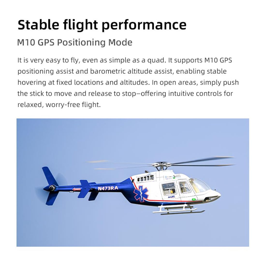 FLYWING BELL-407 - Modellino di elicottero radiocomandato, classe 470, 2,4 GHz | Controllo di volo a sei canali "Military ACE" con quattro rotori, GPS e rotori a cambio rapido, versione RTF