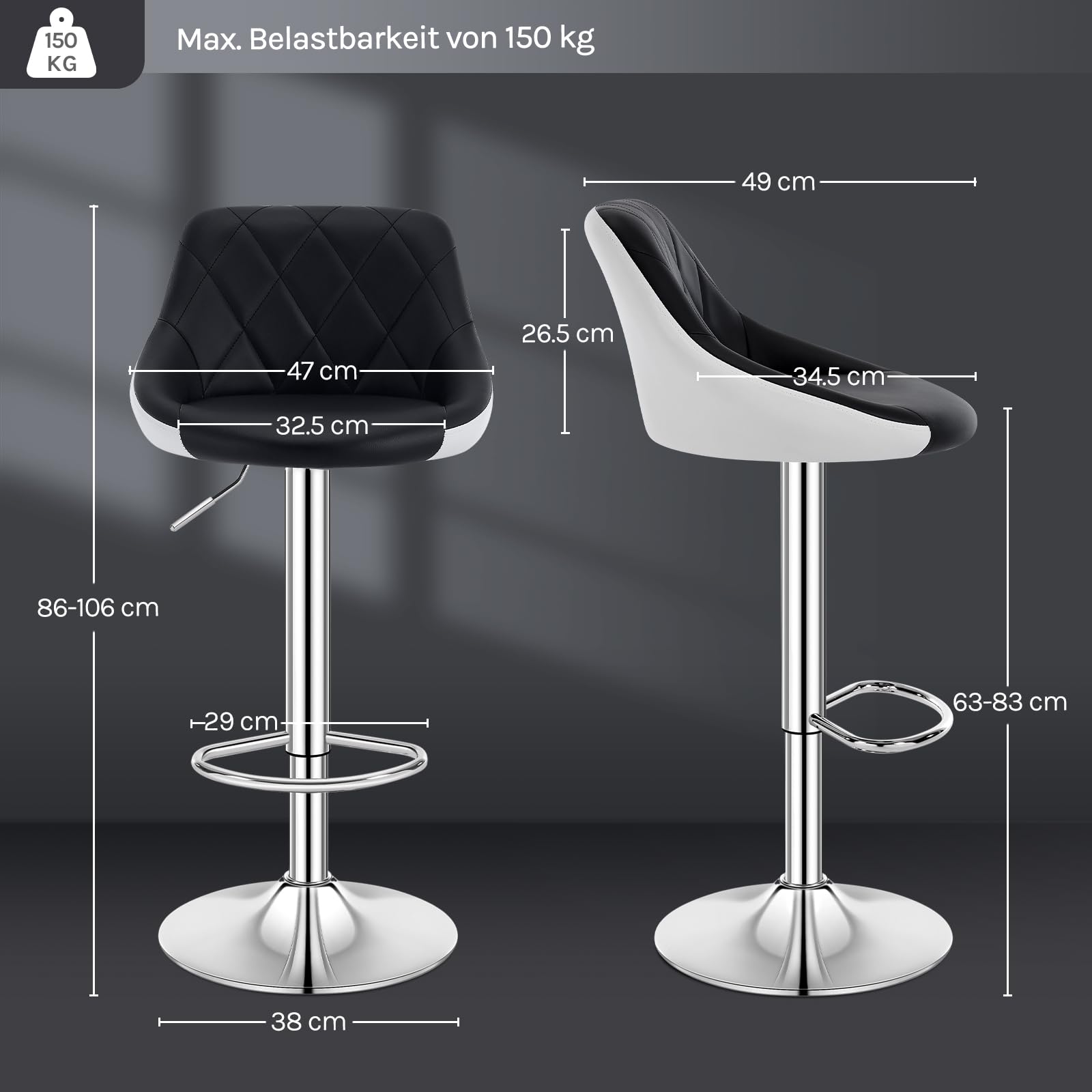 WOLTU Barhocker 1er Set, Barstuhl Höhenverstellbar, PU-Bezug, Schwarz+Weiß | Drehbarer Bar Stool mit Rückenlehne und Fußstütze, rutschfeste Metallfüße, für Küche und Hausbar