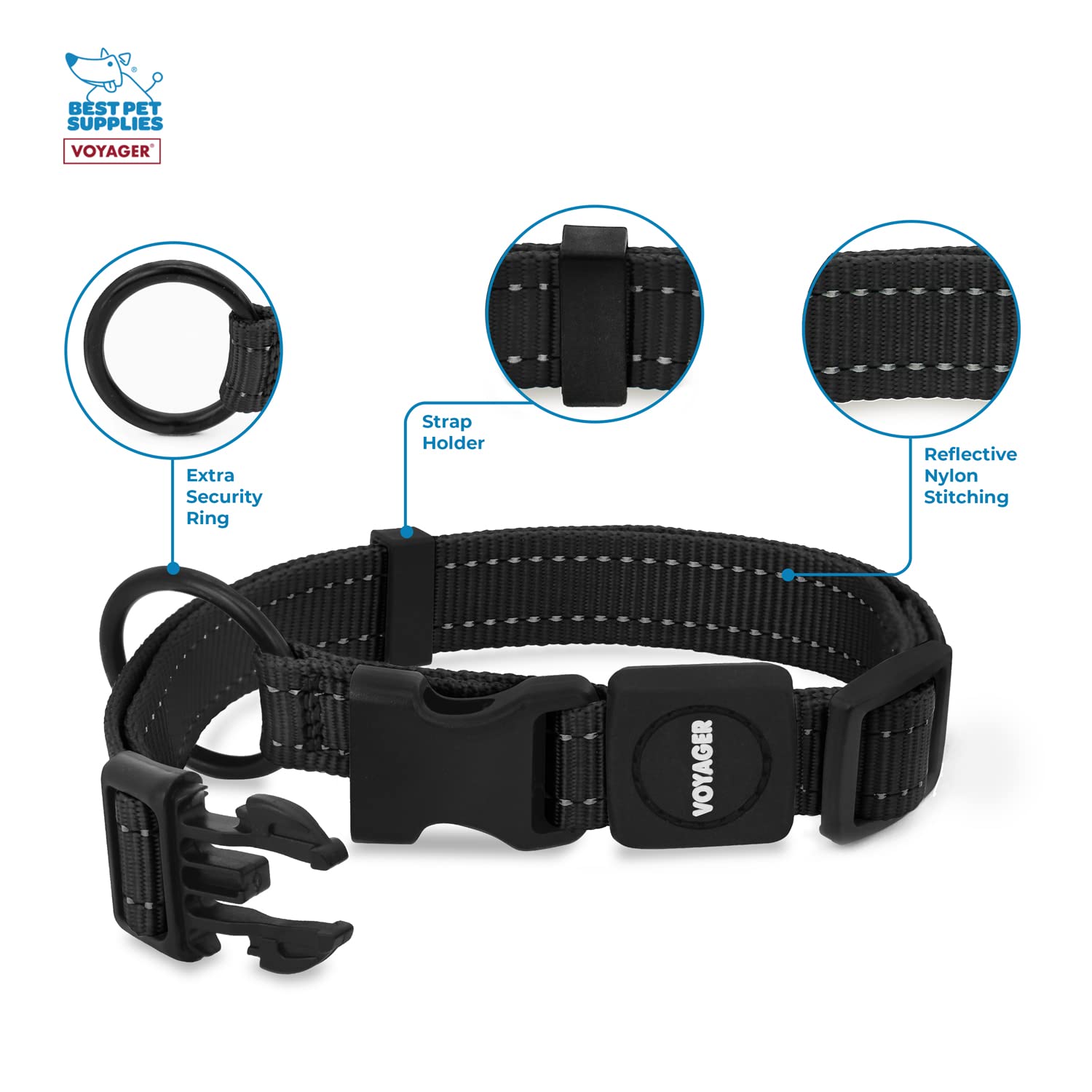 Best Pet Supplies Reflective Dog Collar with Adjustable Length, Heavy-Duty Buckle, and Strong Leash D-Ring, Training, Walking - Image 2