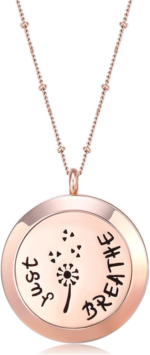 MESINYA Rose Gold Color Just Breathe Aromatherapy/Essential Oils Surgical S.Steel Diffuser Locket Pendant Necklace (30mm Locket W/32'' Ball Station Chain)