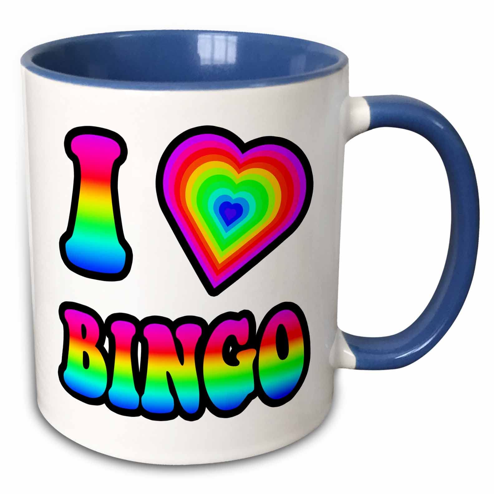 3dRose Groovy Hippie Rainbow I Heart Love Bingo 11oz Two-Tone Blue Mug