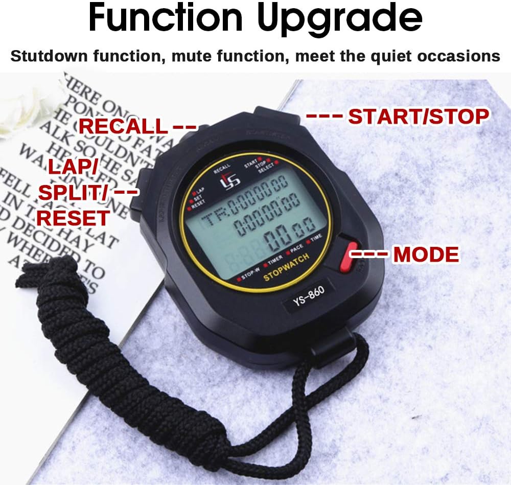 LAOPAO Stopwatch with labels for START/STOP, MODE, RECALL, and LAP/SPLIT/RESET buttons.