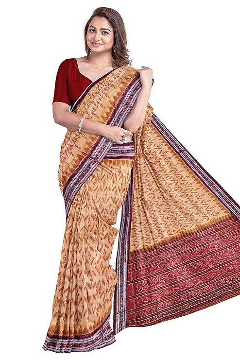 Image of Ikat Women's Cotton Saree, Handmade Pure Cotton Khandua Saree, Ikkat Orissa Traditional Handloom Saree Without Blouse