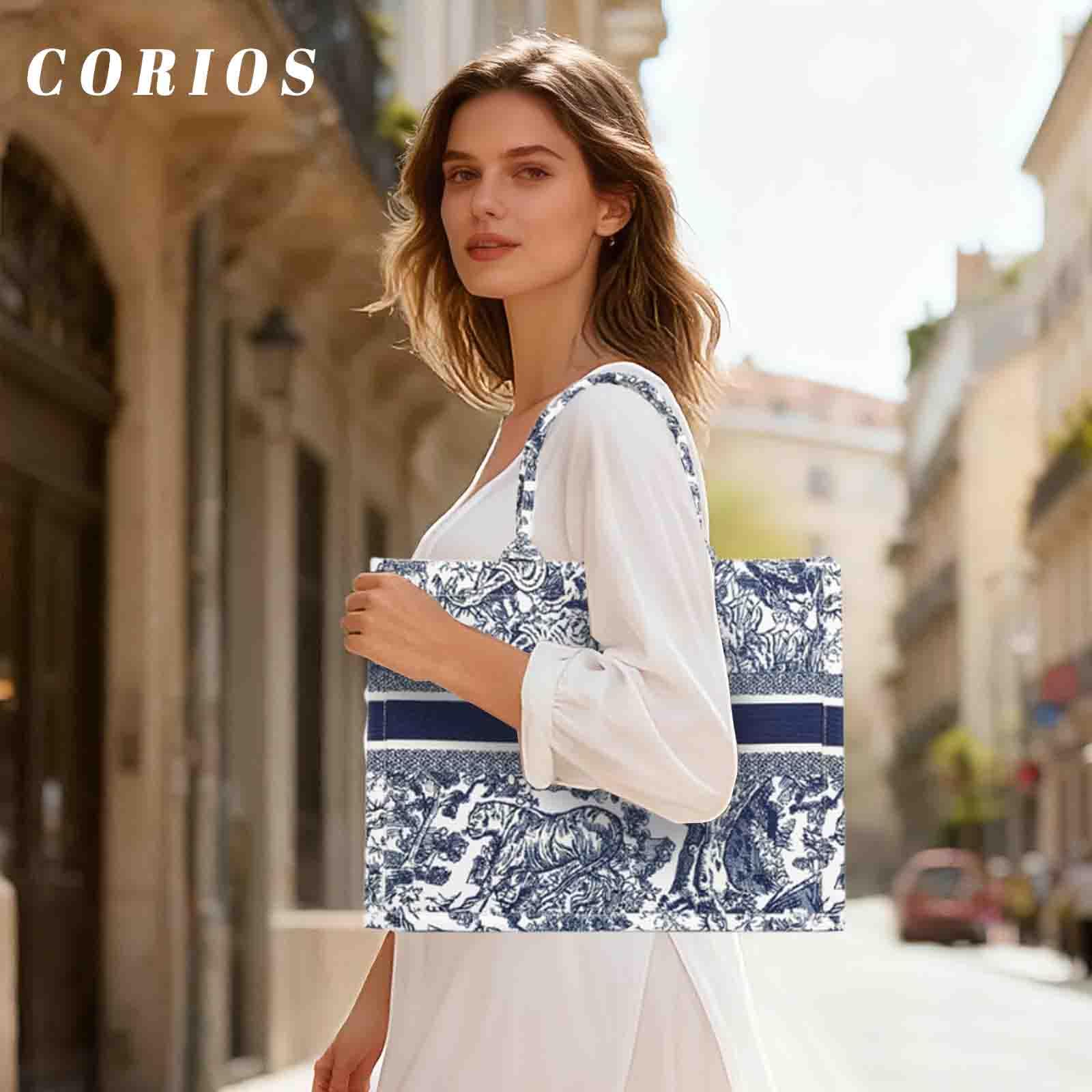 CORIOS Damen Laptoptasche Aktentasche mit Ethnischen Druckmustern Böhmische Schultertasche Sommer Strand Tasche Mode Elegant Tote Handtasche Canvas Henkeltaschen Tragetasche Blau