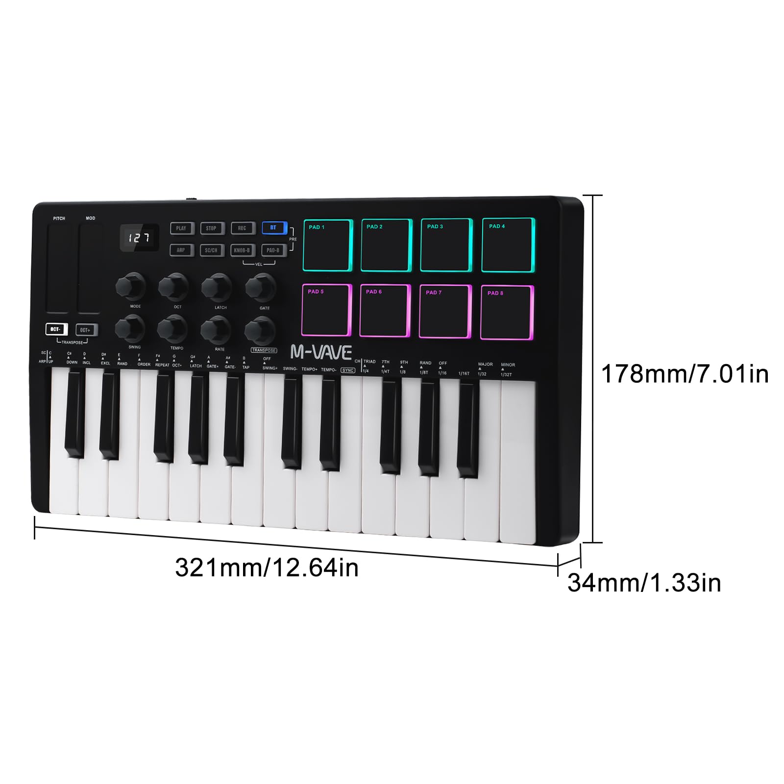Teclado Controlador Midi, M-VAVE 25 Teclas Táctiles Musik-Arranger Keyboard Mini Midi Electronic Controller Pad SMK-25 Negro y Blanco, Batería Incorporada