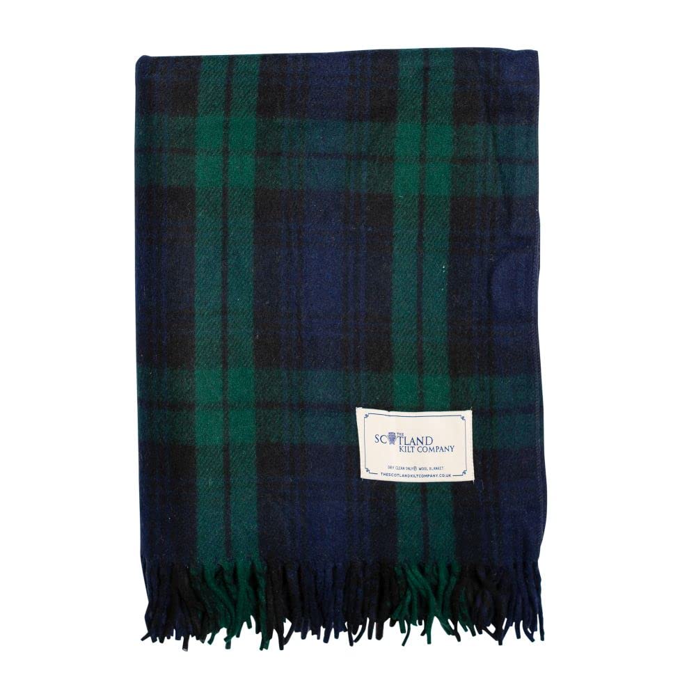 The Scotland Kilt Company Picnic Rug Scottish Tartan Throw in Black Watch - Warm 100% Wool Travel Blanket with Fringed Edges - 60 x 70” — image 1