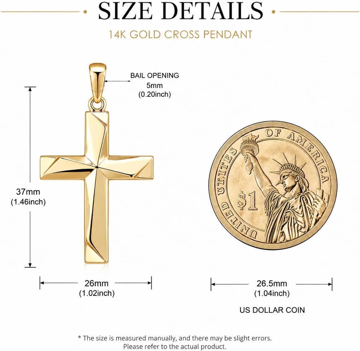 14K Gold Cross Pendant for Men - Irregular 3D Faceted Cutting, Hand-Polished High-Shine Cross Charm for DIY Necklaces, Fits up to 5mm Chains (Pendant Only)