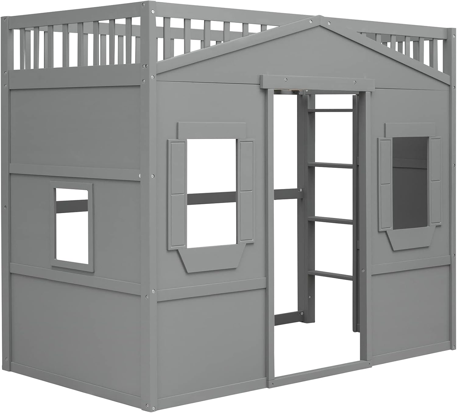 Twin Size Loft Bed Space-Saving House Bed Frame with Safety Guard & Ladder for Small Bedroom, Grey