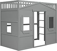 Vista 52 de Cama tipo loft de techo de casa de tamaño matrimonial con escalera, marco de cama de madera que ahorra espacio con barandilla y ventana