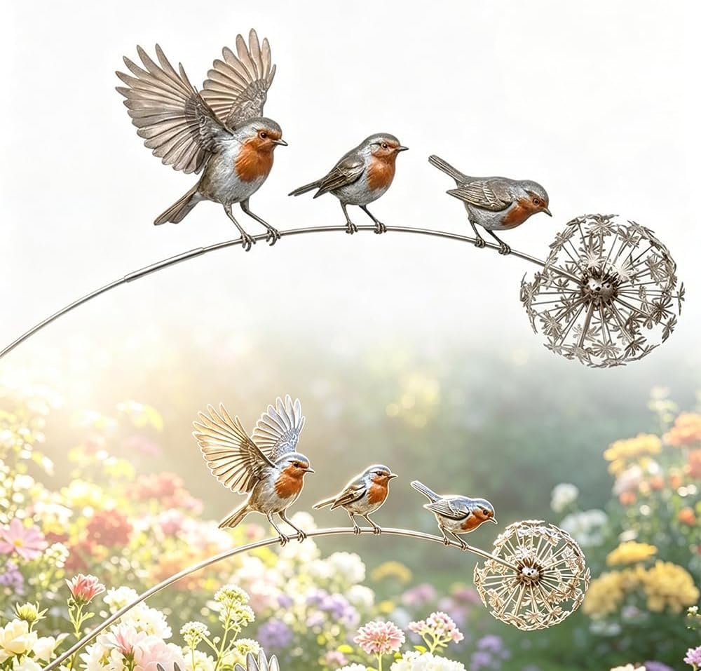 Wseliyi Bronze Robin Garden Stake,Robin Garden Ornaments,Rustic Robin Bird Yard Art Decorations With Dandelion Accent, Metal Robins Bird Sculpture For Lawn Patio Flower Bed And Memorial Backyard