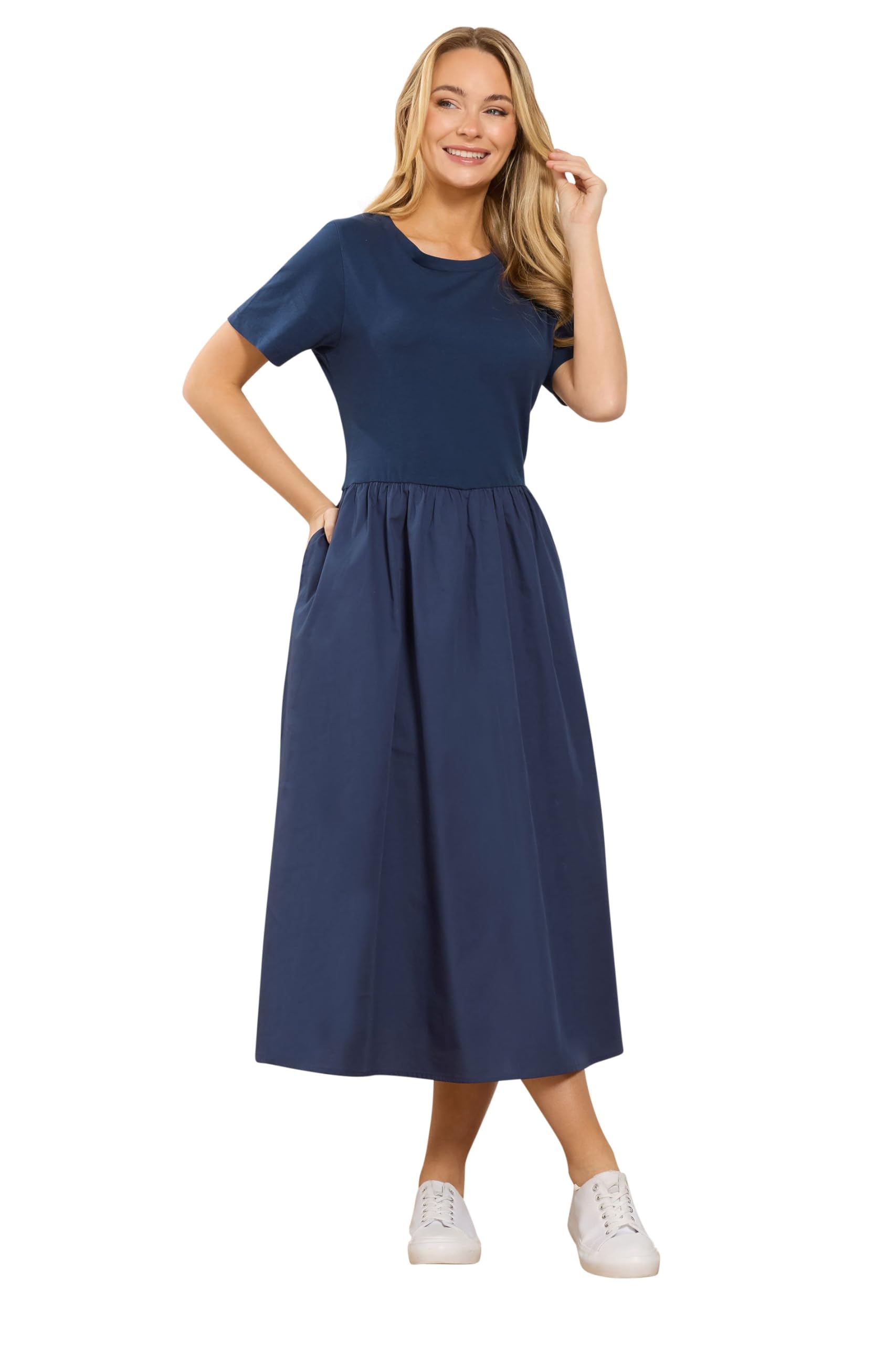 M&Co Women's Mid Navy Short Sleeve Cotton Midi Dress In Size 14