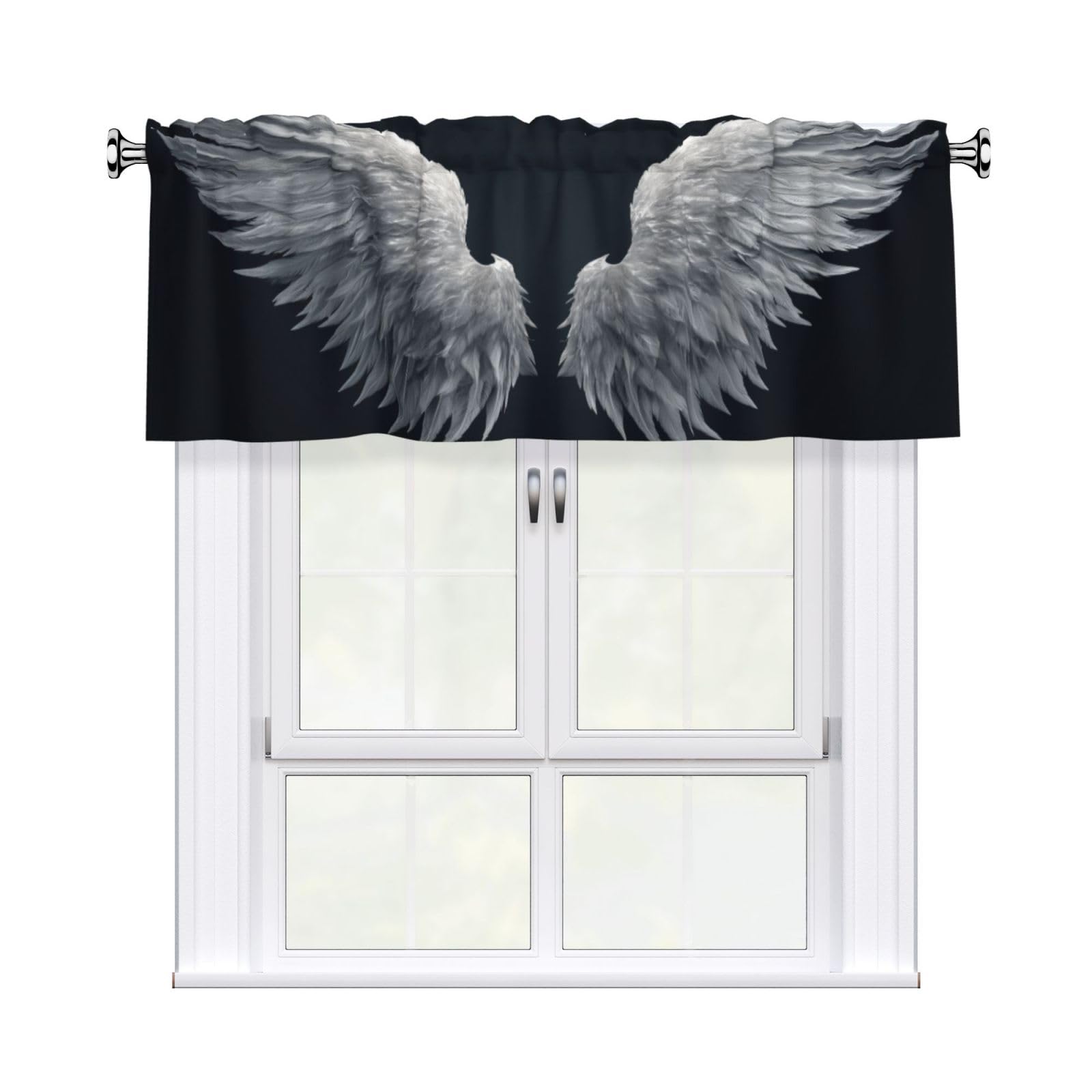 Woshuwo Pair Of White Feathered Angle Wings Valances For Windows Rod Pocket Window Treatment Short Curtains For Kitchen Living Room Bedroom Decor 54x18in