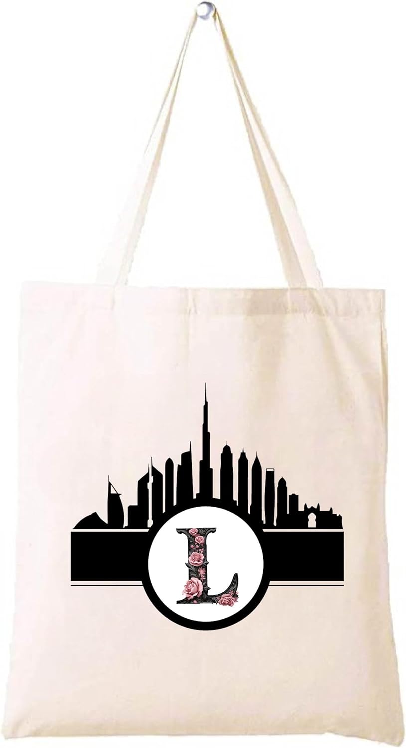 Initial Monogram Cotton Tote Bag with Dubai Skyline Theme – Perfect for Reusable Grocery Shopping and Travel Bag – Gift for Her – Friends and Family