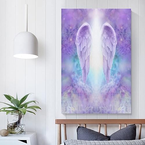 Miniatura 5 de HDYDJS Póster de arte abstracto con plumas de ángel morado, pintura en lienzo, cuadros e impresiones artísticas de pared para sala de estar,