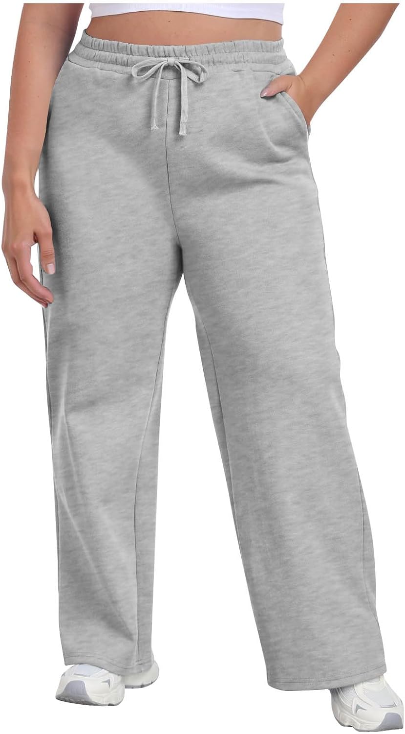 Plus Size Sweatpants for Curvy Women Drawstring Elastic Waist Wide Leg Pant Casual Loose Solid Color Comfy Trousers