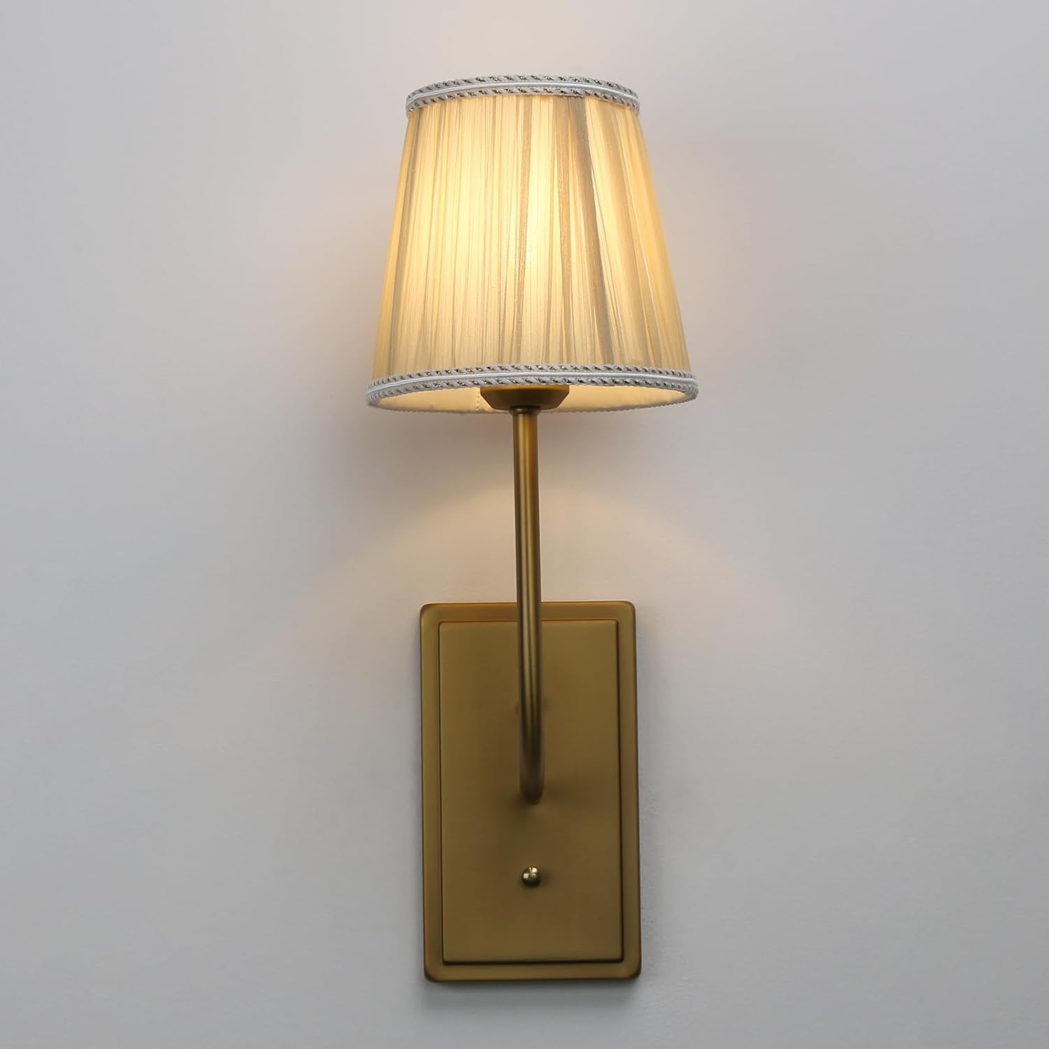 Vintage Wall Sconce 1-Light with Khaki Gauze Pleated Fabric Shade, Antique Brass Wall Lamp Hardwired Indoor Wall Light Fixture for Bedroom Living Room Vanity Bathroom