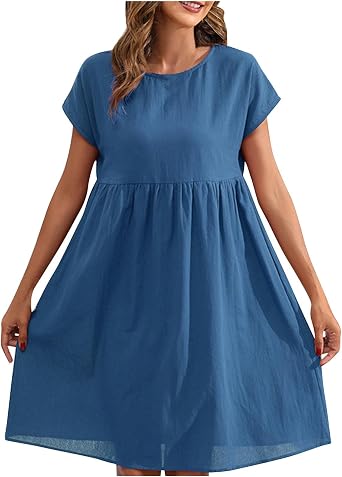 Akklian Baggy Crew Neck Dress for Women Soft Comfy Cotton Linen Short Sleeve Summer Dress Flowy Beach Dresses Casual Sundress