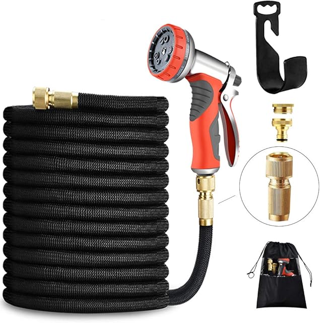 LUFENG UPGRADED Garden Hose 50FT 15M Expandable with Strongest Double Latex Core Water Hose Pipe with Solid Brass Fittings 9 Function Metal Water Nozzle Wall Holder (50FT)