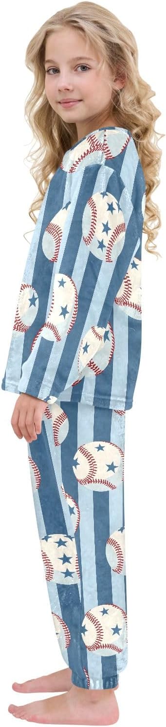 Kids Flannel Sets Baseball Blue Background Warm Plush Relaxed Clothing for Boys and Girls