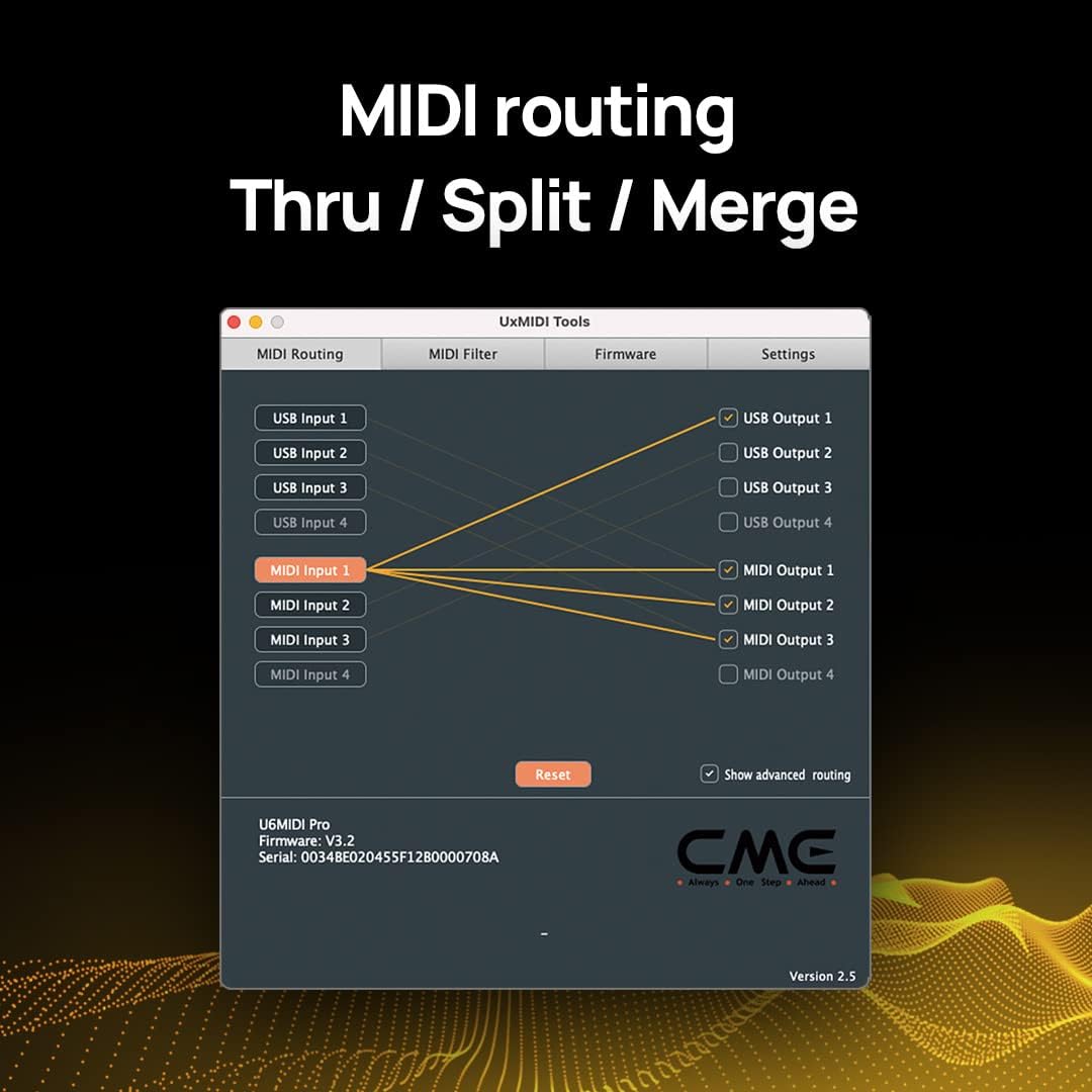 Screenshot of UxMIDI Tools software showing MIDI Routing interface with connections between inputs and outputs