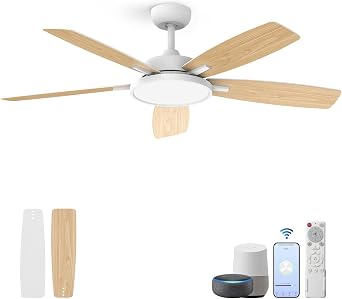 Taloya 52 Inch Smart Modern Ceiling Fan Lights with Remote, App Control, Dimmable LED, 3000-6500K, Quiet DC Motor, 6 Speeds, Timer, Silent Big Fans for Bedroom Dining Room, White [Energy Class C]
