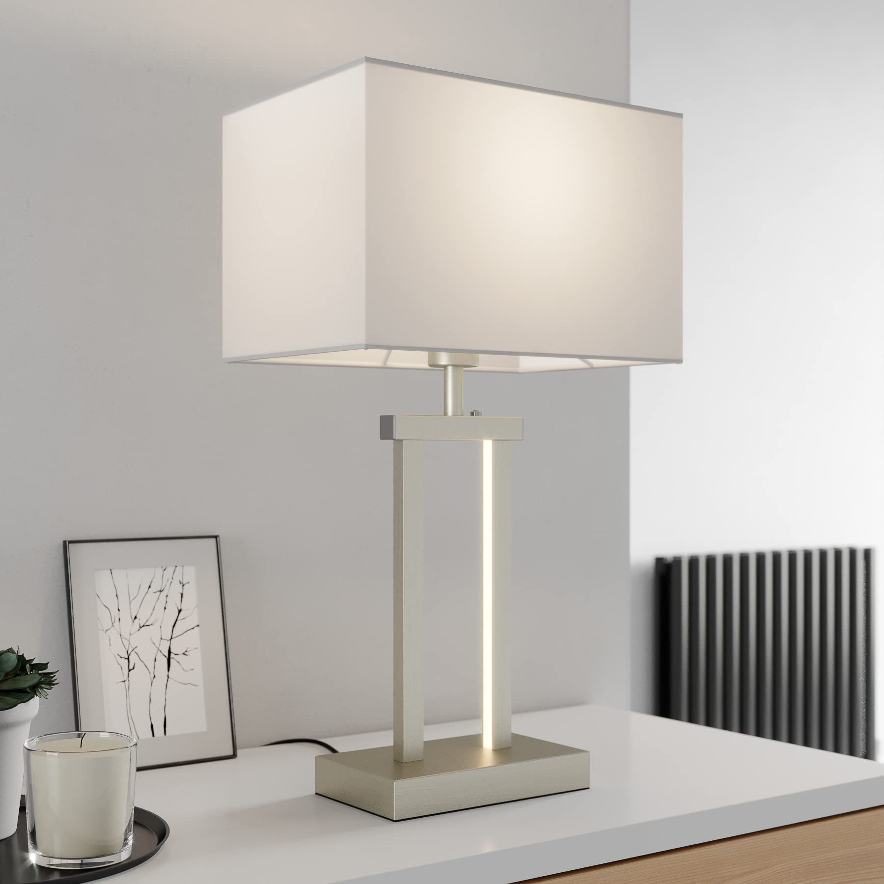 Lindby LED Tischlampe dimmbar, Tischleuchte Stoffschirm weiß Nachttischlampe 2 Lichtquellen Schlafzimmerlampe Wohnzimmerlampe Nachttischleuchte