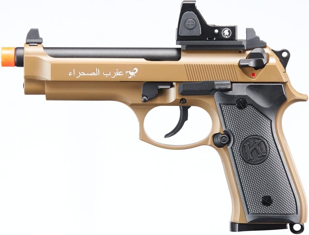 KLI KL-92 Brettaa Dual Power CO2/Gas Blowback Metal Airsoft Pistol with Red Dot- (Sahara/Green Gas)