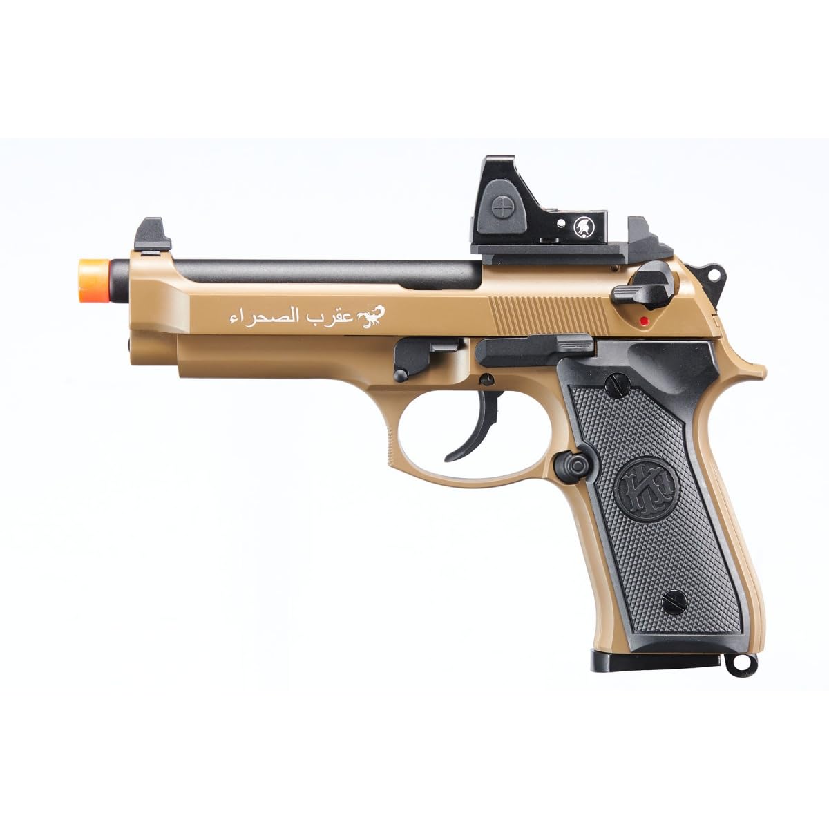 KLI KL-92 Brettaa Dual Power CO2/Gas Blowback Metal Airsoft Pistol with Red Dot- (Sahara/Green Gas)