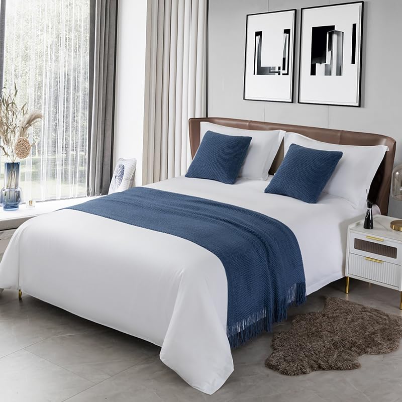 LEEMQCYA Bed Runners & Scarves Dark Blue Bed End Towel for Foot of Bed Throw Blanket Bedroom Bedspread Protection Hotel Bed Scarf for Living Room Wedding Dormitory Decor, Double/King/Queen — image 1