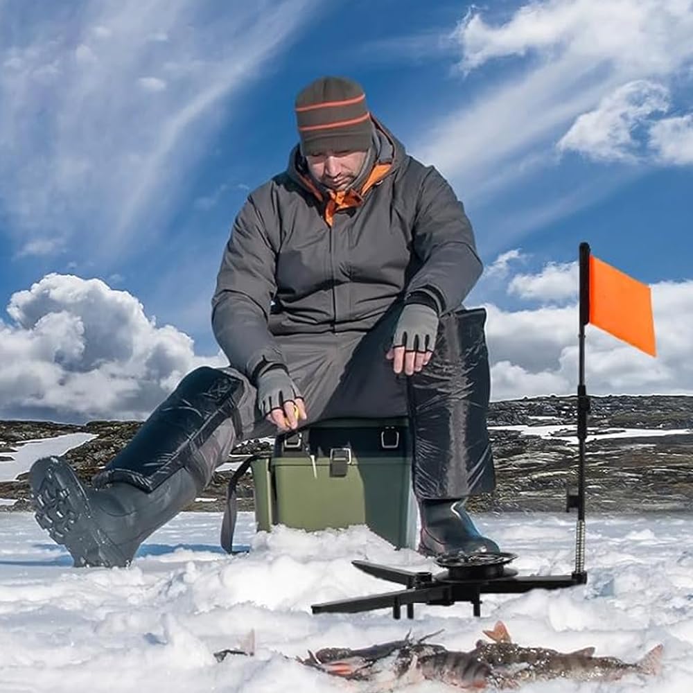 DONGKER Ice Fishing Tip Ups, 3 Stuck Eisangel-Tip-Ups Ausrüstung, Faltbare Eisangelrute mit orangefarbenen Rutenflaggen für Angelzubehör