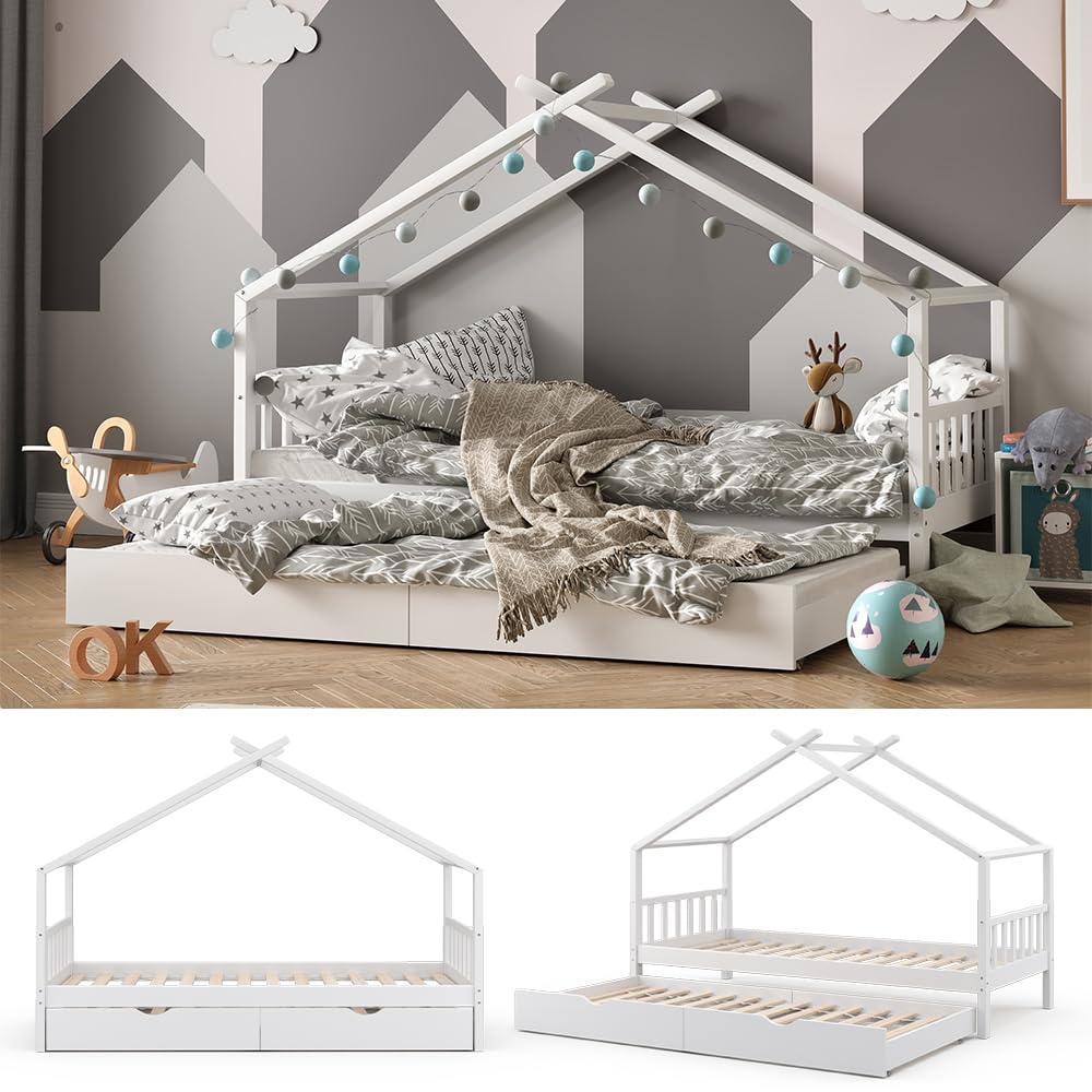 VitaliSpa Letto montessori bambini Design, Bianco, 90x200 cm con letto per ospiti, con sponda anticaduta e rete a doghe per un sonno sicuro