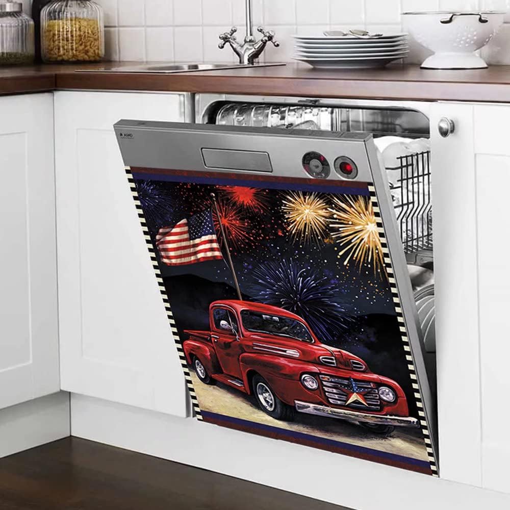 Barn Star Dishwasher Magnetic Cover American Flag Sticker Country Truck Refrigerator Door Magnet,Fireworks Vinyl Panel Decal Kitchen Decoration Home Appliance Stickers for Fridge 23"x26"