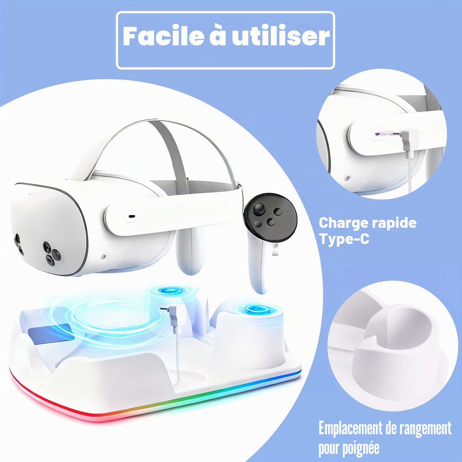 Station de Charge Compatible avec Meta Quest 2/3/3S, Support de Chargeur pour Casque avec Lumière RVB, Station de Recharge Rapide pour Casque VR